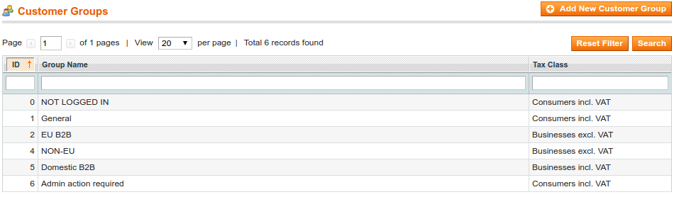 Setup of customer groups